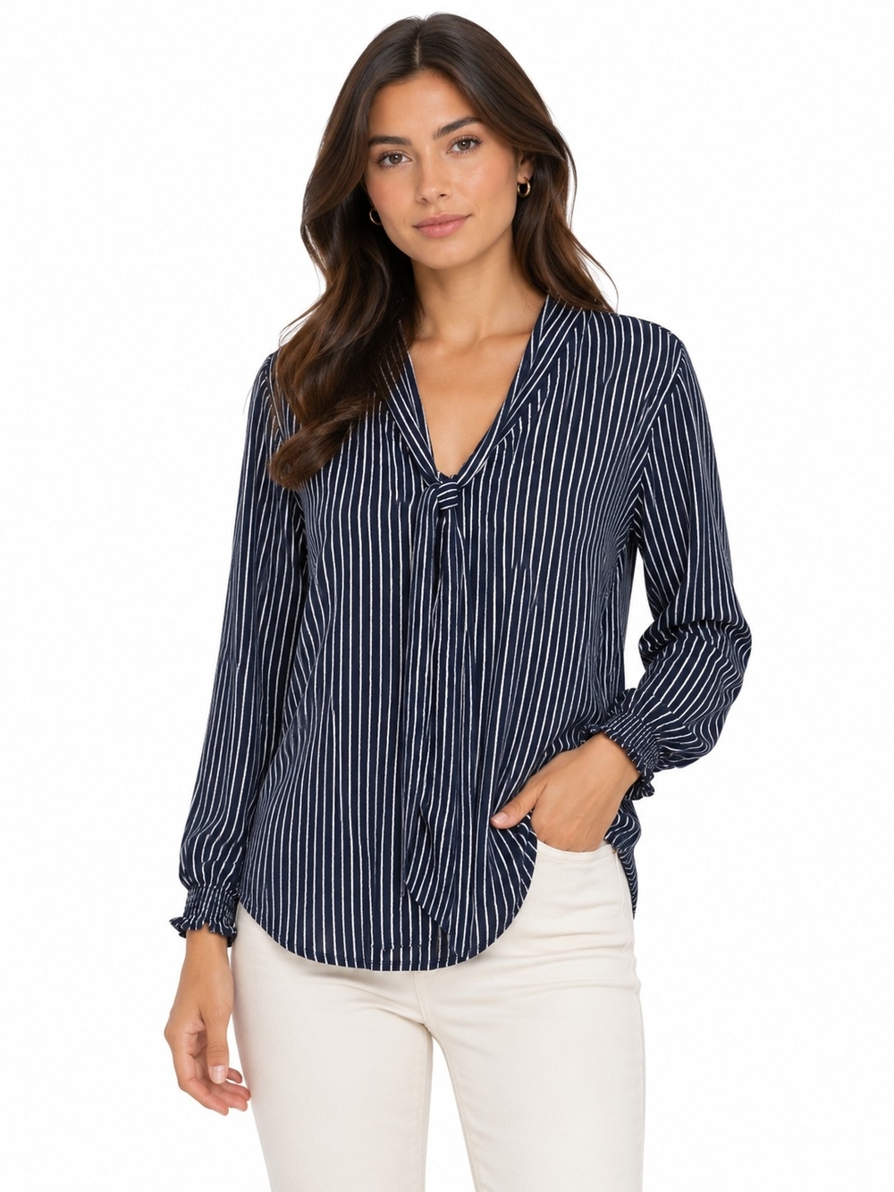 Adrianna Papell Black and White Vertical-Stripe Tie-Neck Blouse